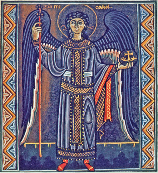 The Archangel Michael from the Psalter of Melisende, circa 1135, reprinted by permission of the British Library, Ms. Egerton 1139, Folio 205r, London