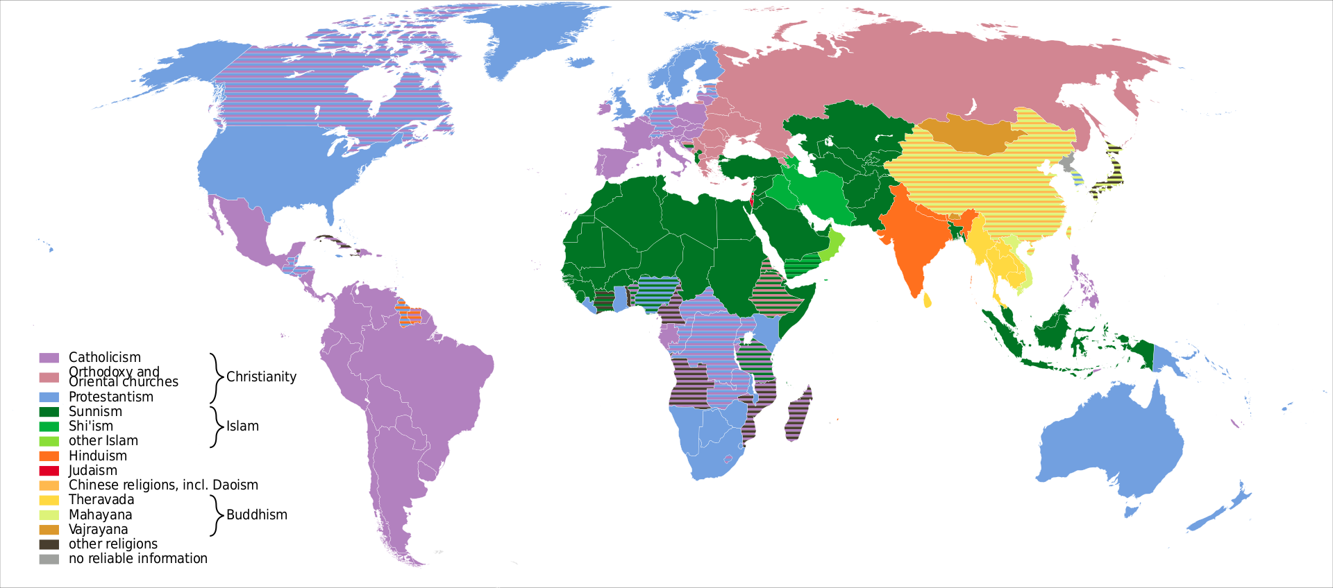 World map color-coded to denote religion affiliations of the majority population in each country (WikiCommons 2011).png