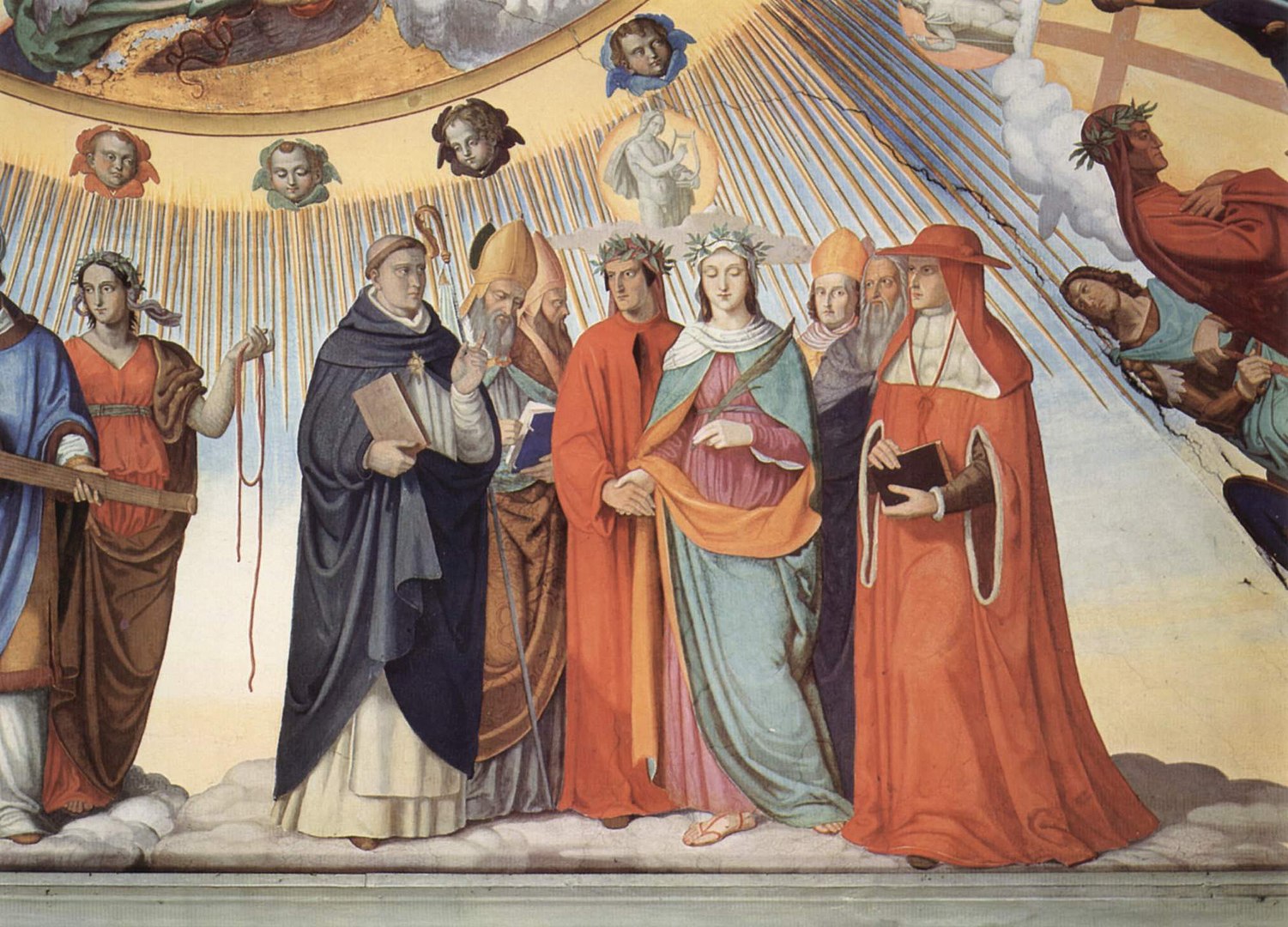 Dante and Beatrice speak to the teachers of wisdom Thomas Aquinas, Albertus Magnus, Peter Lombard and Sigier of Brabant in the Sphere of the Sun (fresco by Philipp Veit), Canto 10 (wikiCommons)