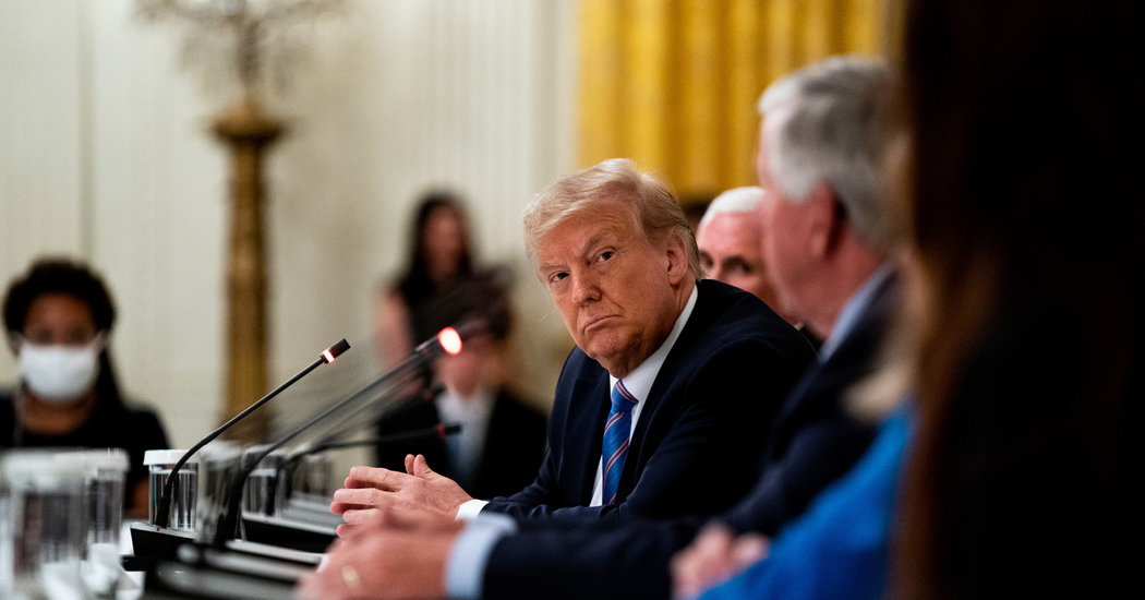 President Trump at a White House discussion of school reopenings this week. (Credit...Anna Moneymaker for The New York Times)