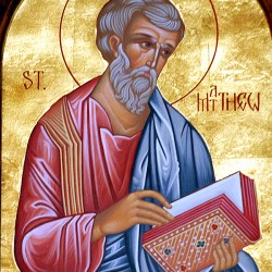 The Holy Apostle and Evangelist Matthew, was also named Levi (Mark 2:14; Luke 5:27); he was one of the Twelve Apostles (Mark 3:18; Luke 6:45; Acts 1:13), and was brother of the Apostle James Alphaeus (Mark 2:14). He was a publican, or tax-collector for Rome, in a time when the Jews were under the rule of the Roman Empire. He lived in the Galilean city of Capernaum. When Matthew heard the voice of Jesus Christ: “Come, follow Me” (Mt. 9:9), left everything and followed the Savior. Christ and His disciples did not refuse Matthew’s invitation and they visited his house, where they shared table with the publican’s friends and acquaintances. Like the host, they were also publicans and known sinners. This event disturbed the pharisees and scribes a great deal.
