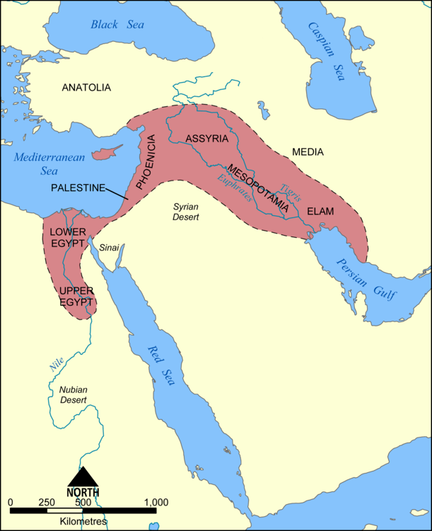 This map shows the location and extent of the Fertile Crescent, a region in the Middle East incorporating ancient Egypt; the Levant; and Mesopotamia.