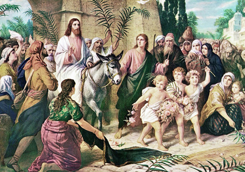 Triumphal Entry into Jerusalem. Palm Sunday celebration. Rejoice greatly, O Daughter of Zion! Shout, Daughter of Jerusalem! See, your king comes to you, righteous and having salvation, gentle and riding on a donkey, on a colt, the foal of a donkey. Zechariah 9:9 Matthew 21:6 And the disciples went, and did as Jesus commanded them, 7 And brought the ass, and the colt, and put on them their clothes, and they set him thereon. 8 And a very great multitude spread their garments in the way; others cut down branches from the trees, and strawed them in the way. 9 And the multitudes that went before, and that followed, cried, saying, Hosanna to the Son of David: Blessed is he that cometh in the name of the Lord; Hosanna in the highest. 10 And when he was come into Jerusalem, all the city was moved, saying, Who is this? 11 And the multitude said, This is Jesus the prophet of Nazareth of Galilee. Artist Bernard Plockhorst