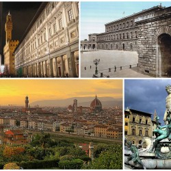 A collage of Florence showing the Galleria degli Uffizi (top left), followed by the Palazzo Pitti, a sunset view of the city and the Fountain of Neptune in the Piazza della Signoria (Image: WikiCommons).