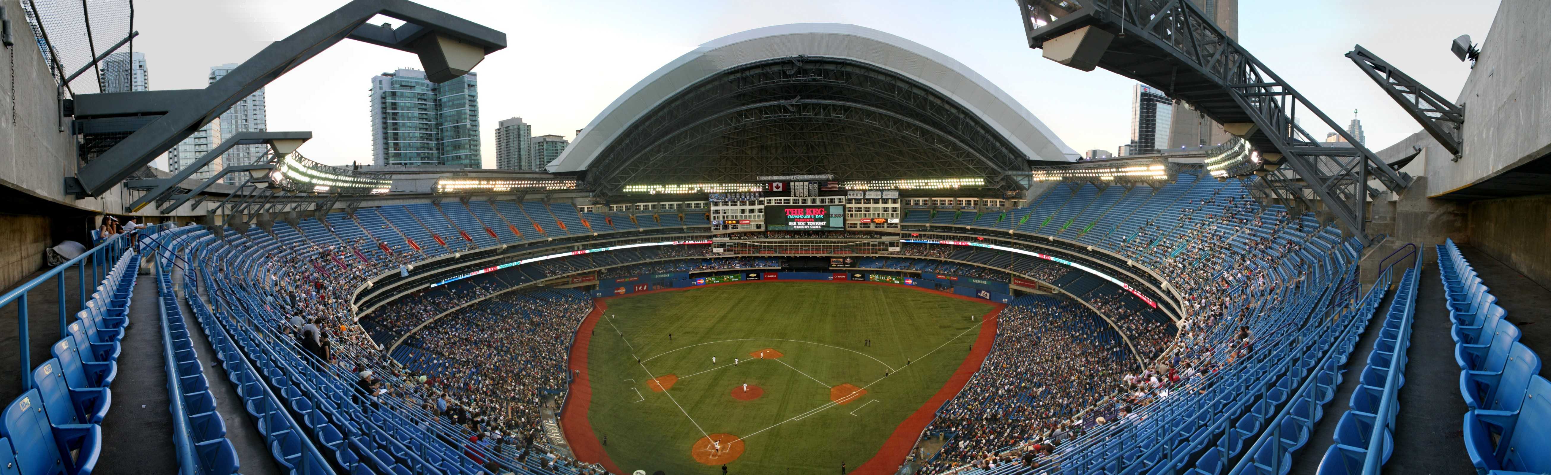 Rogers Centre- Panoramic view of Blue Jays game with open roof.