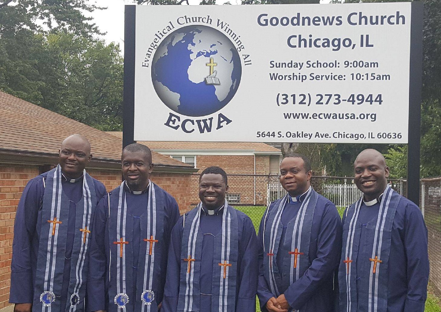 ECWA newly ordained ministers at the ECWA Goodnews Church in Chicago, IL, USA (from left to right are, Rev. Zachs-Toro Gaiya, Rev. Caleb Afulike, Rev. John David, Rev. Dr. Victor Ezigbo and Rev. Boman Bognet).