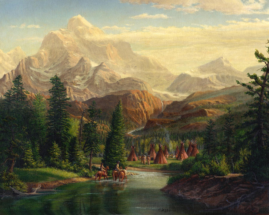 Indian Village Trapper Western Mountain Landscape Oil Painting. (Painting by Walt Curlee)