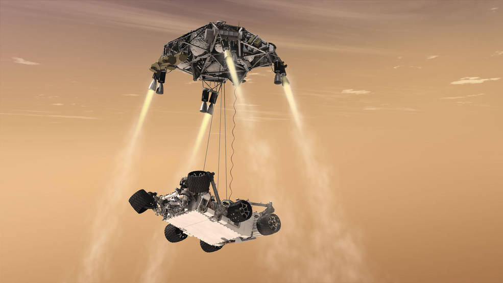 This artist's concThis artist's concept shows the sky-crane maneuver during the descent of NASA's Curiosity rover to the Martian surface. The Mars mission launching in 2020 would leverage the design of this landing system and other aspects of the Mars Science Laboratory architecture. (image NASA/JPL)ept shows the sky-crane maneuver during the descent of NASA's Curiosity rover to the Martian surface. The Mars mission launching in 2020 would leverage the design of this landing system and other aspects of the Mars Science Laboratory architecture.(image NASA/JPL)