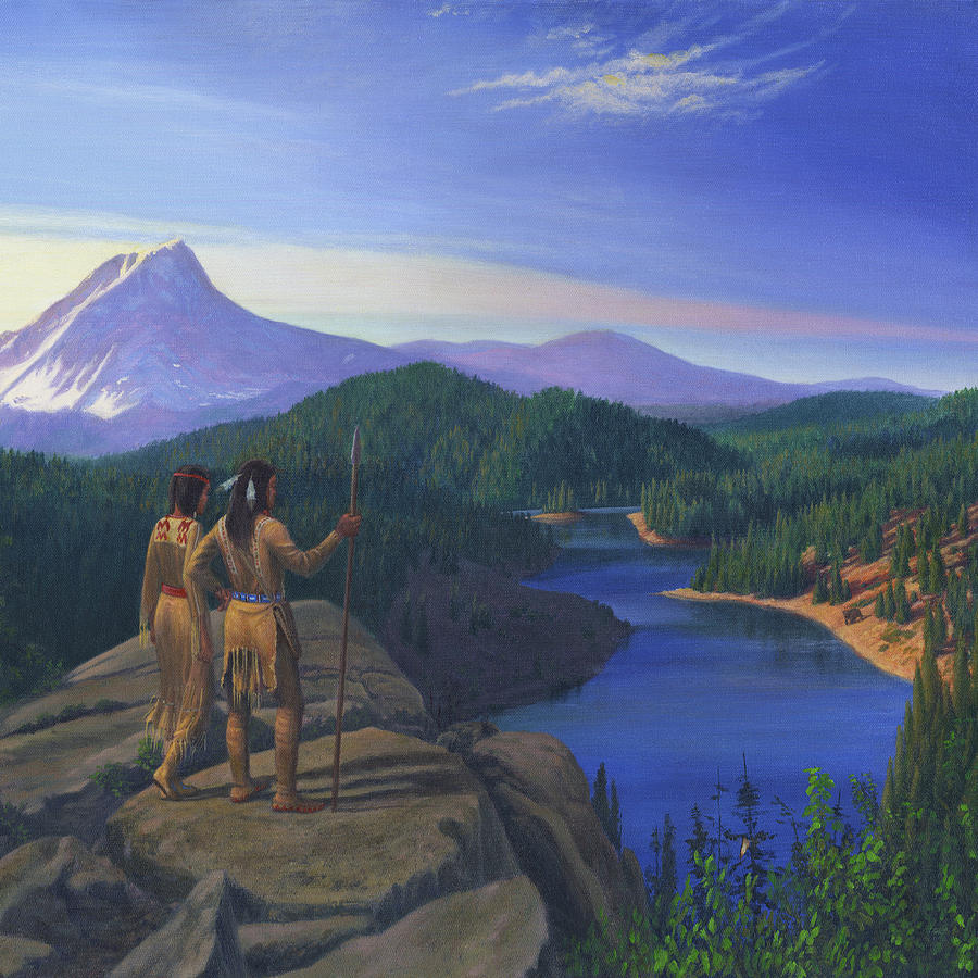 Native American Indian Maiden And Warrior Watching Bear Western Mountain Landscape (Painting by Walt Curlee)