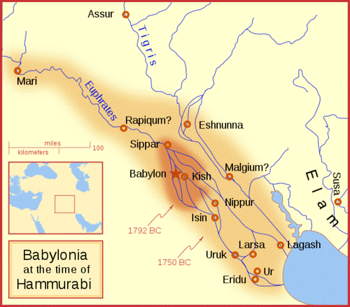 A map of ancient Mesopotamia at the rise of the Babylonian civilization.