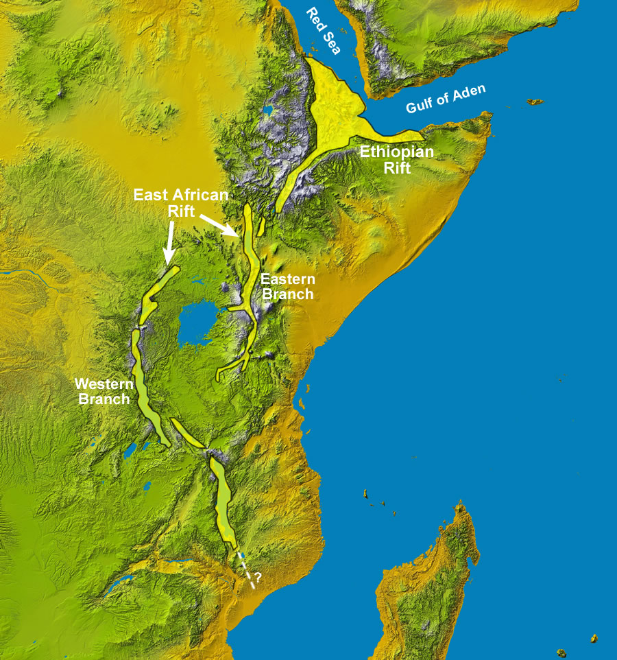 Figure 2: Rift segment names for the East African Rift System. Smaller segments are sometimes given their own names, and the names given to the main rift segments change depending on the source. The basemap is a Space Shuttle radar topography image by NASA.