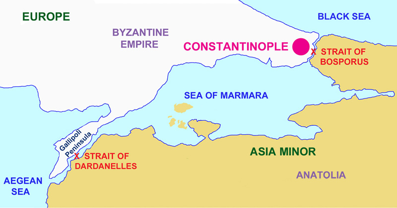 The Bosporus Strait and the Strait of Dardanelles divide Europe and Asia.