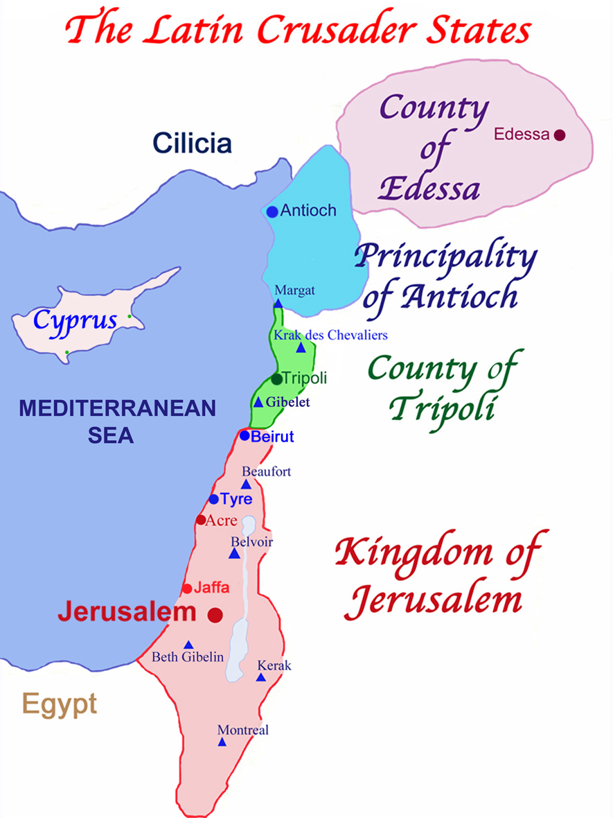 The Latin Crusader States in 1140, known as Outremer; note the triangles which designate eight major Crusader castles. Cyprus did not become a Crusader State until the Third Crusade in 1192