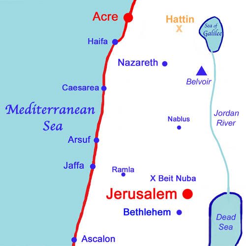 The Third Crusade, 1189-1192; note Hattin and Beit Nuba.