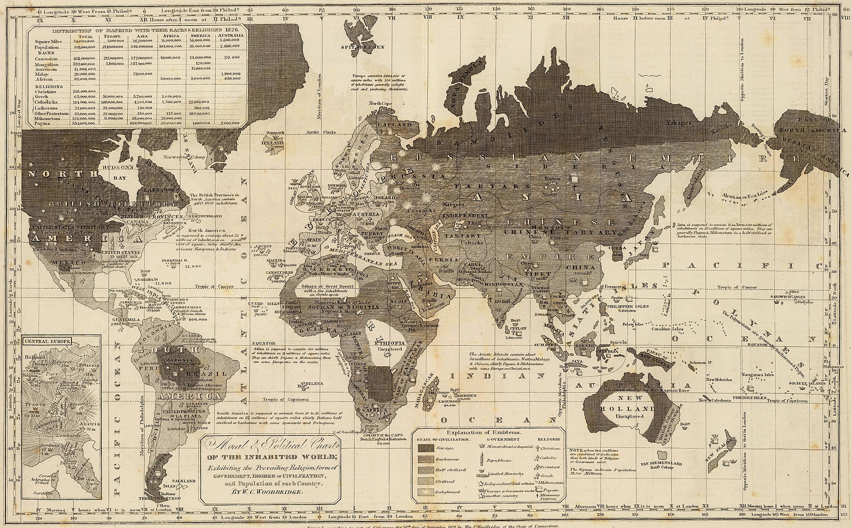 An 1821 map of the world, where "Christians, Mahometans, and Pagans" correspond to levels of civilization. The map makes no distinction between Buddhism and Hinduism (WikiCommons).jpg