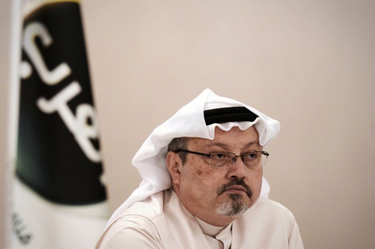 A general manager of Alarab TV, Jamal Khashoggi, looks on during a press conference in the Bahraini capital Manama, on December 15, 2014. The pan-Arab satellite news broadcaster owned by billionaire Saudi businessman Alwaleed bin Talal will go on air February 1, promising to "break the mould" in a crowded field. (AFP PHOTO/ MOHAMMED AL-SHAIKH (Photo by MOHAMMED AL-SHAIKH / AFP) (Photo credit should read MOHAMMED AL-SHAIKH/AFP via Getty Images)