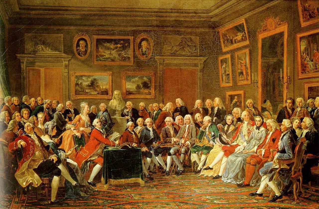 Reading of Voltaire's L'Orphelin de la Chine (a tragedy about Ghengis Khan and his sons, published in 1755), in the salon of Madame Geoffrin (Malmaison, 1812)