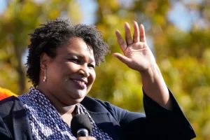 Stacey Abrams speaks during an Atlanta campaign rally for Joe Biden at Turner Field on Nov. 2, 2020. (Brynn Anderson-AP)