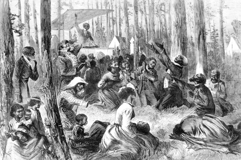Revival meeting on a Southern plantation, illustration from Harper's Weekly, 1872