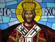 Stained glass window at the Annunciation Melkite Catholic Cathedral in Roslindale, Massachusetts, depicting Christ the King in the regalia of a Byzantine emperor