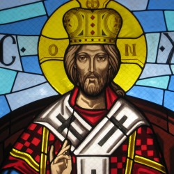 Stained glass window at the Annunciation Melkite Catholic Cathedral in Roslindale, Massachusetts, depicting Christ the King in the regalia of a Byzantine emperor