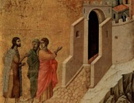 Jesus and the two disciples On the Road to Emmaus, by Duccio, 1308–1311, Museo dell'Opera del Duomo, Siena (WikiCommons)